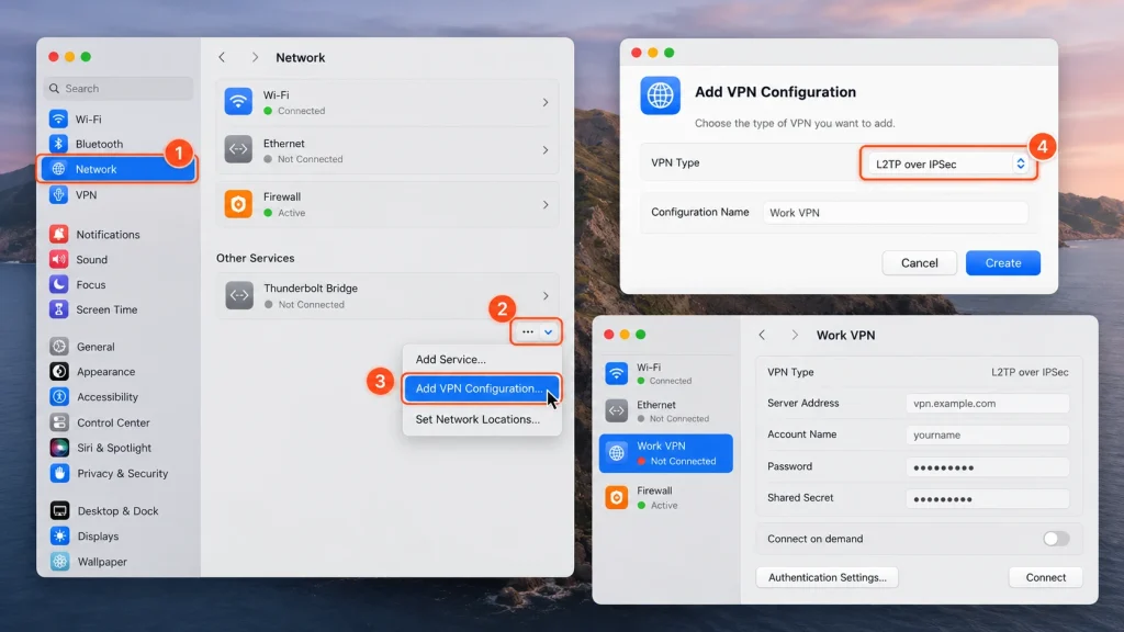 مسیر تنظیم L2TP در macOS Ventura، Sonoma و نسخههای جدیدتر
